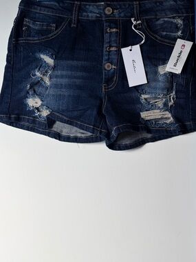 Buckle Dark Blue Distressed Denim Button-Fly Jean Shorts